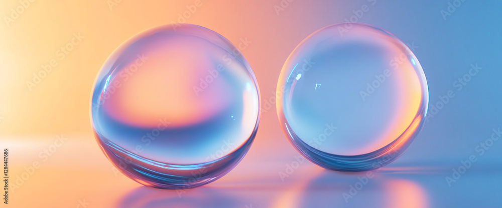 Aufkleber Two transparent spheres with a soft gradient light reflection and a colorful pink and blue background, representing elegance, modern design, and artistic creativity.