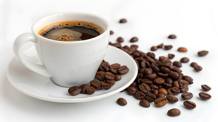 Fototapeta premium Espresso coffee cup with coffee beans Coffee pause. with copy space image. Place for adding text or design