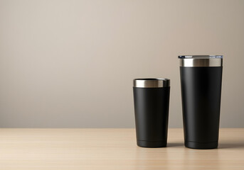 Two black stainless steel tumblers stand on light wooden table. Modern, sleek design. Blank space available for customization. Suitable for promotional use, corporate branding. Ideal for logo design.