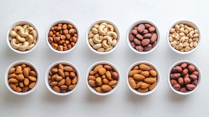 Fototapeta premium A variety of nuts in small white bowls arranged on the right side, against a clean background with soft lighting and high resolution