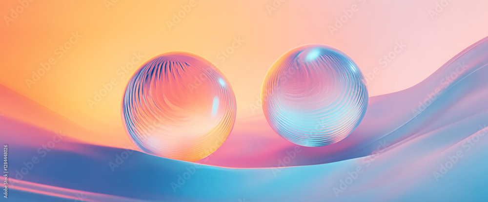 Poster abstract image of glass spheres with colorful gradient lighting on a soft, smooth surface, symbolizi