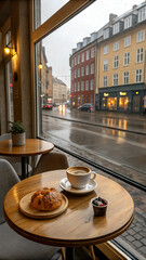 Table in cafe looking out onto wet danish street. Hot coffee and pastry. round timber table cosy setting.