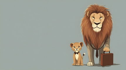 Happy Fathers Day Poster. Dad Lion and baby Lion. Space for writing.