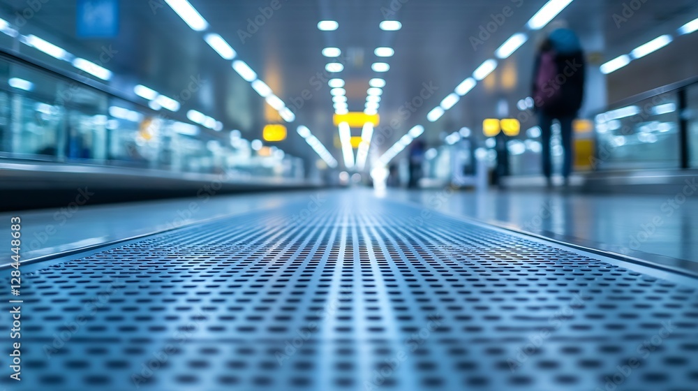 Poster perspective view of a modern airport terminal showcasing a shiny floor and bright ambient lighting :