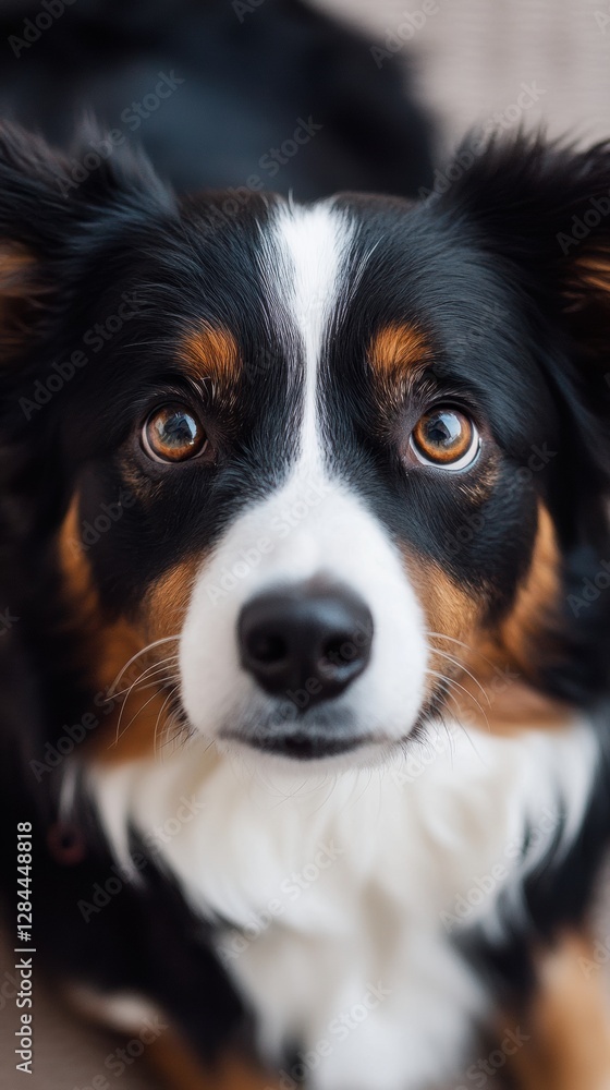 Poster close up view of a curious dog relaxing indoors at home during a serene afternoon. generative ai