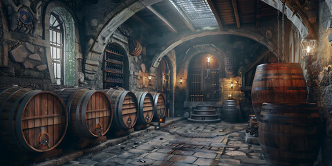 Obraz premium Inviting Stone-Walled Cellar with Lantern Glow 
