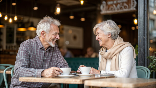 Portrait of cheerful senior couple sitting at table in cafe. Happy old couple talking and enjoying at cafe. - Powered by Adobe