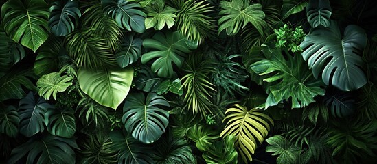  A wall of lush, green tropical leaves and plants, photorealistic, with a dark background, in a top-down view.