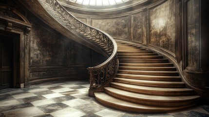 Ornate spiral staircase in a grand, sunlit mansion interior