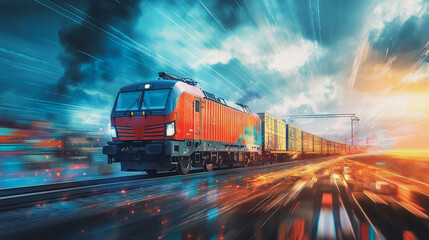 Naklejka premium Global business of Container Cargo freight train for Business logistics concept, Air cargo trucking, Rail transportation and maritime shipping, Online goods orders worldwide. Container truck in ship