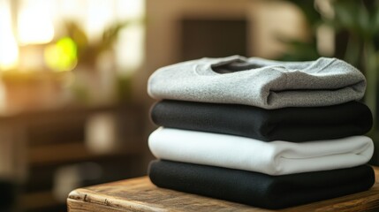 A neatly stacked arrangement of gray, black, and white sweatshirts on a wooden surface, illuminated by warm sunlight.