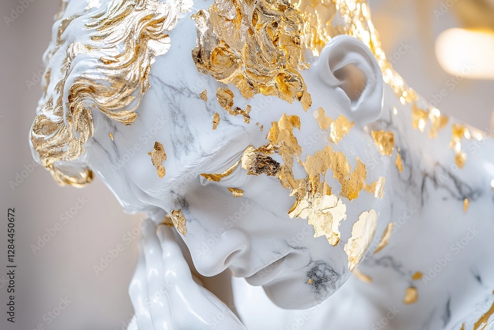 Poster a marble statue of a man is gradually melting into liquid gold. glowing soft-focus reflections creat