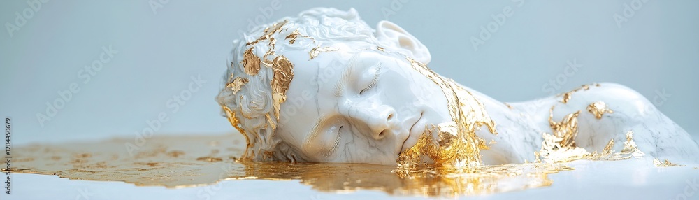 Poster a marble statue of a man appears to melt into shimmering liquid gold, creating soft-focus reflection