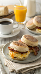 English muffin sandwich. freshly prepared and served on a welcoming breakfast table in the soft morning light