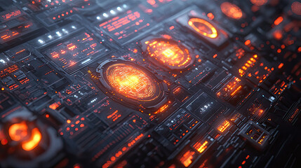 Futuristic circuit panel with glowing core, displaying data