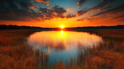 Obraz premium Scenic Autumn Sunrise Over Calm Lake