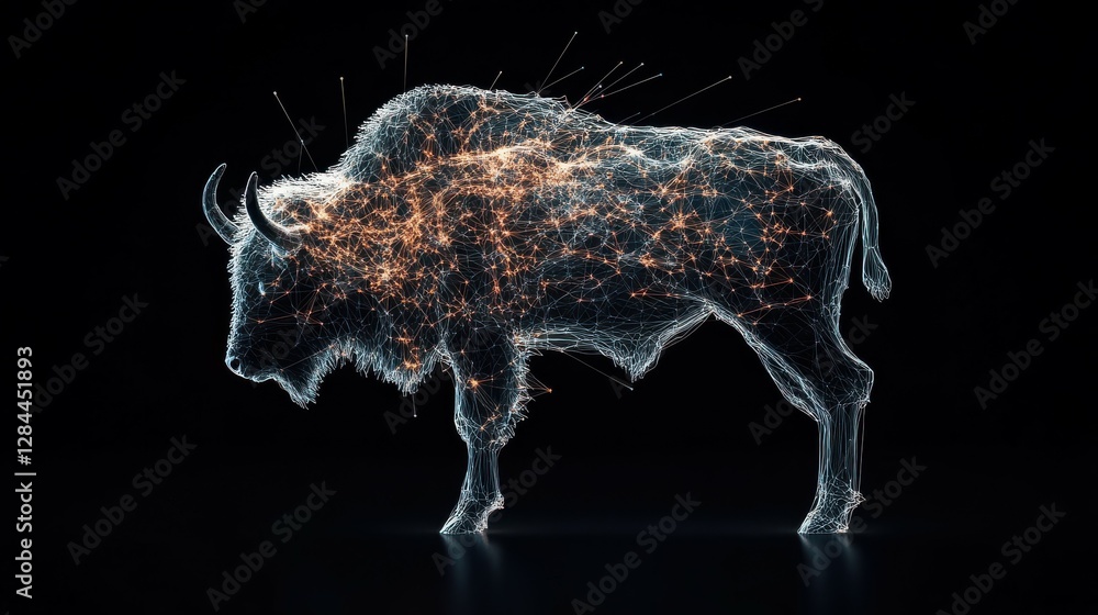 Poster digital bison with network glow on black background