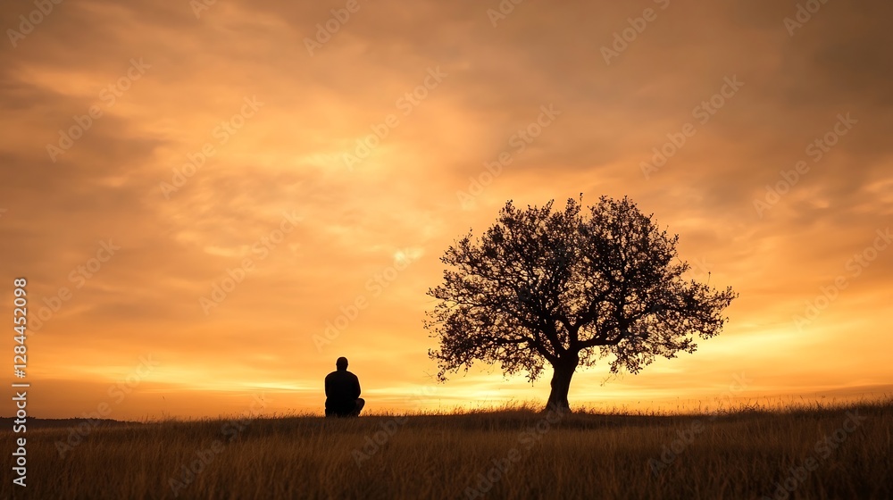 Poster silhouette of a person sitting under a lone tree during sunset with vivid colors in a peaceful lands