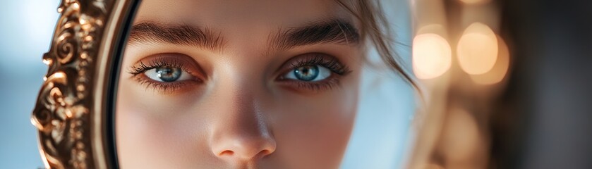 Obraz premium A woman stands suspended in time, gazing into an ornate mirror. Her reflection reveals a sharper, more confident self amidst a soft-focus ambiance, evoking luxury and introspection