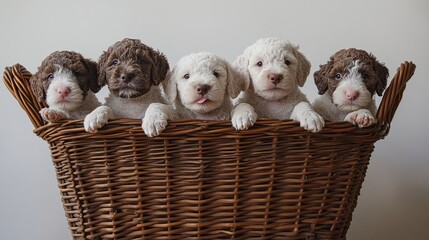 Fototapeta na wymiar Adorable Lagotto Romagnolo Puppies in Brown Wicker Basket Cute Fluffy Dog Pets Sweet Little Animals Domestic Canine Friends Happy Playful Companions 