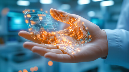 A hand emerges from a lab environment, displaying a glowing circuit pattern as if holographically projected