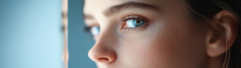 A woman gazes into a mirror, her reflection split between sharp clarity and soft blurriness. Warm golden lighting envelops her, creating a luxurious atmosphere filled with introspection