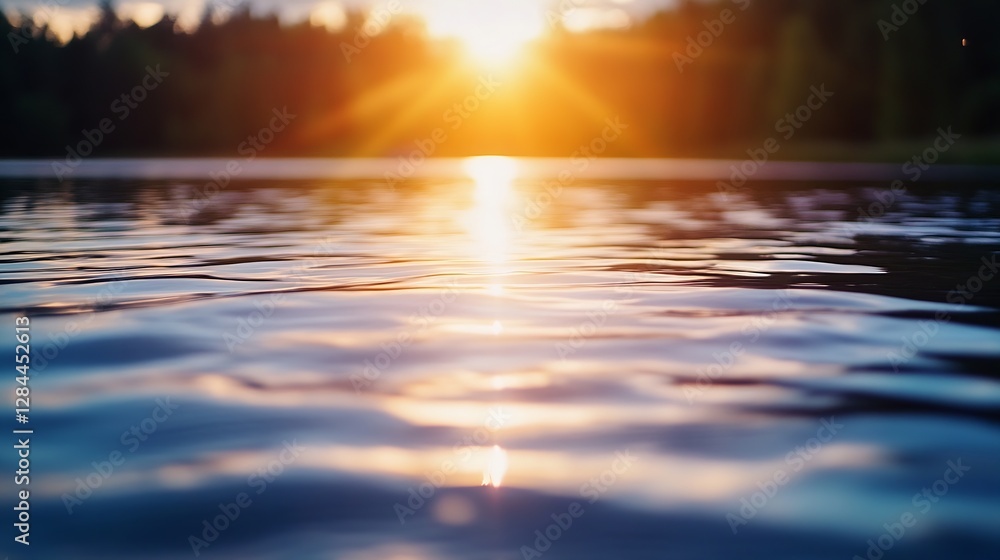 Poster gentle ripples on a lake's surface reflecting golden sunlight and creating a calming sunset ambience