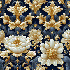 Detailed floral pattern featuring golden embellishments and a dark navy background with intricate designs and textures