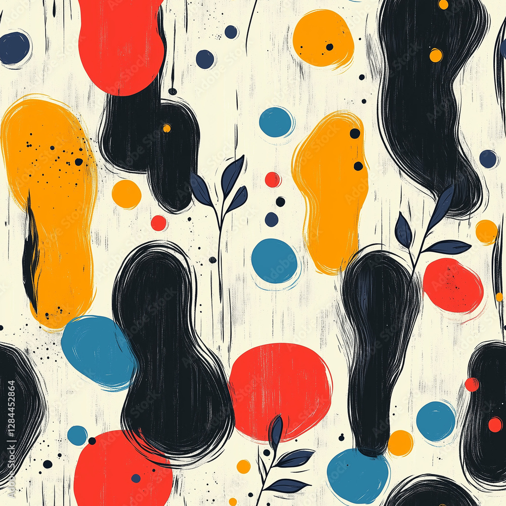 Poster colorful abstract pattern with organic shapes and foliage elements creating a modern artistic design