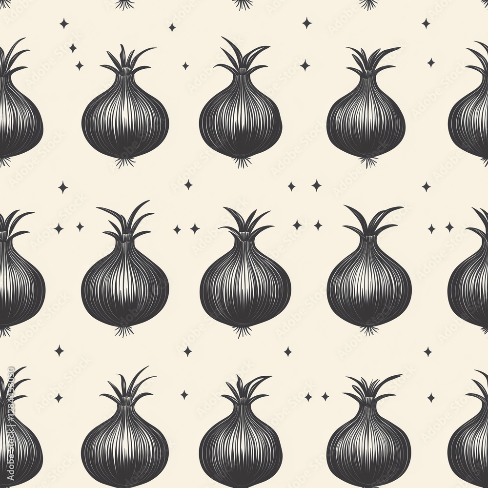 Poster Artistic pattern featuring stylized onion illustrations with a unique design on a light background, suitable for various creative projects