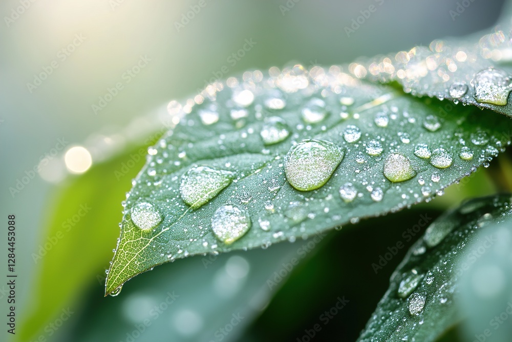 Aufkleber delicate spring leaves adorned with tiny dew drops bask in soft-focus golden sunlight, creating a se