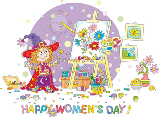 Happy March 8 card with a little fairy waving her gold magic wand and drawing garden flowers on an easel with a flying paintbrush and bright paints from a palette, vector cartoon illustration