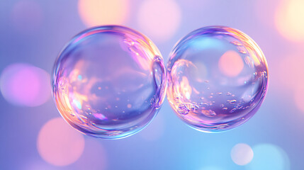 Close-up of two soap bubbles connected by a thin film, shimmering with colorful light, showcasing the beauty of light reflection and the delicate nature of soap bubbles.