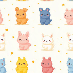 Fototapeta premium Cute pastel animal pattern featuring adorable bunnies in various colors set against a soft background