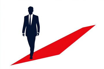 Obraz premium Man in Suit Walking Confidently on Red Arrow Symbolizing Success and Leadership