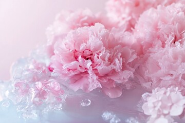 Intricate pink peonies and hydrangeas are beautifully encased in crystal-clear ice, illuminated by soft, glowing light, creating a surreal and luxurious winter floral arrangement