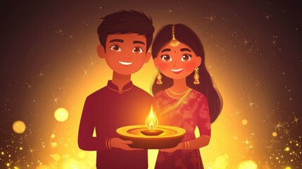 Young indian couple celebrating diwali with traditional lamp and joyful smiles