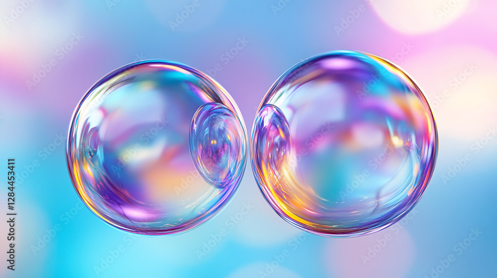 Poster Two soap bubbles floating together with a colorful and dreamy background, showcasing their translucent, iridescent texture and the beauty of light reflection in bubbles.