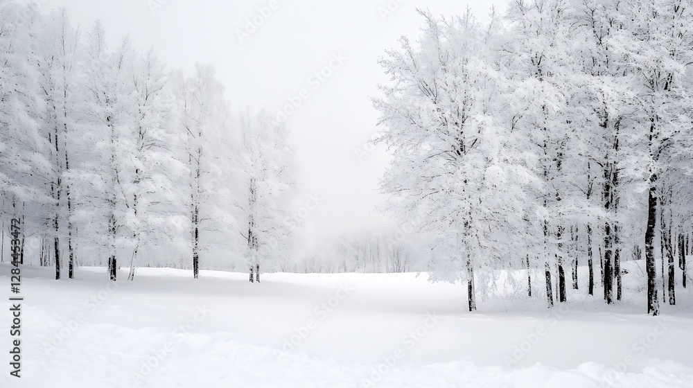 Poster serene winter wonderland landscape with trees covered in fresh snow and a tranquil white setting : g
