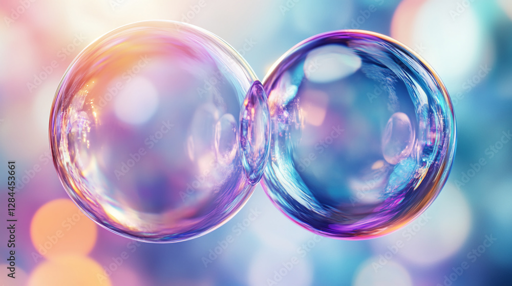 Poster two soap bubbles touching in the air, creating a vibrant, colorful blend of reflections, showcasing 
