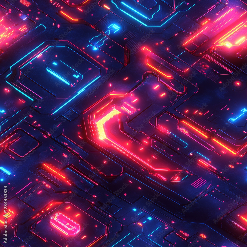 Poster vibrant abstract digital pattern created with neon colors on a dark background, highlighting intrica