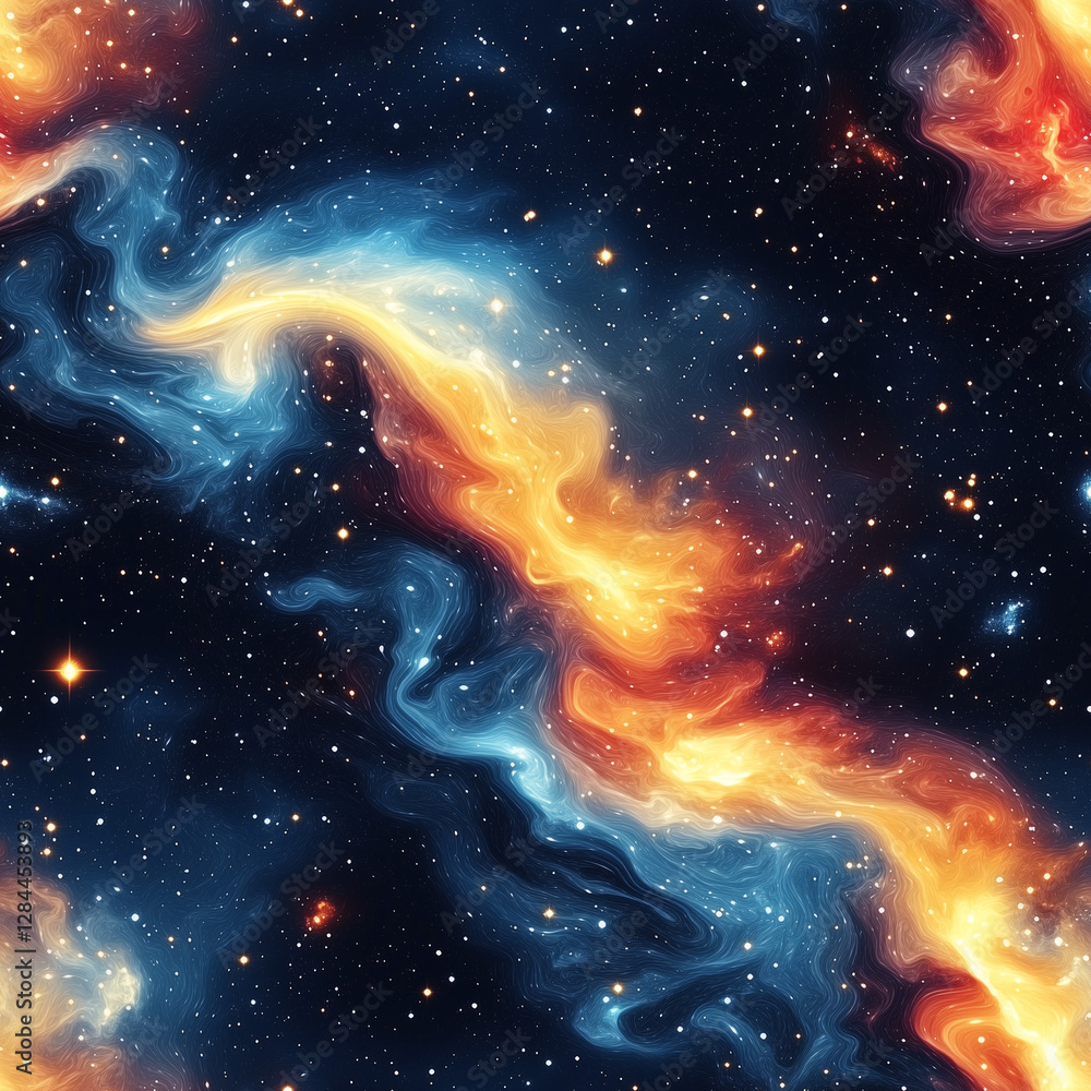 Poster swirling cosmic gas clouds illuminated by distant stars create a vibrant pattern in the depths of sp