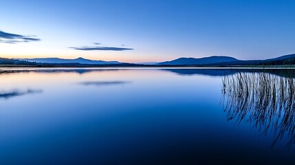 Fototapeta premium Serene lake view during dusk with beautiful reflections of mountains and sky in tranquil waters : Generative AI