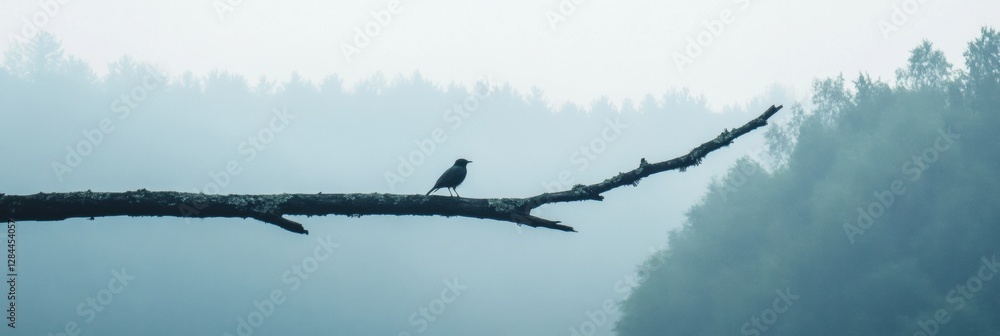 Aufkleber lone bird perched on a dead tree branch against a misty forest backdrop during early morning hours. 