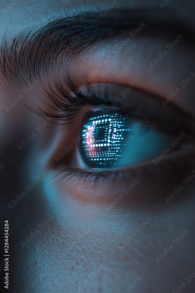 Poster human eye captures a reflection of a luminous digital interface, showcasing vibrant data streams and