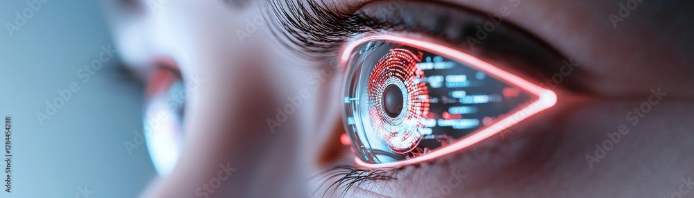 Poster human eyes glimmer with reflections of a high-tech digital interface, displaying vibrant data stream