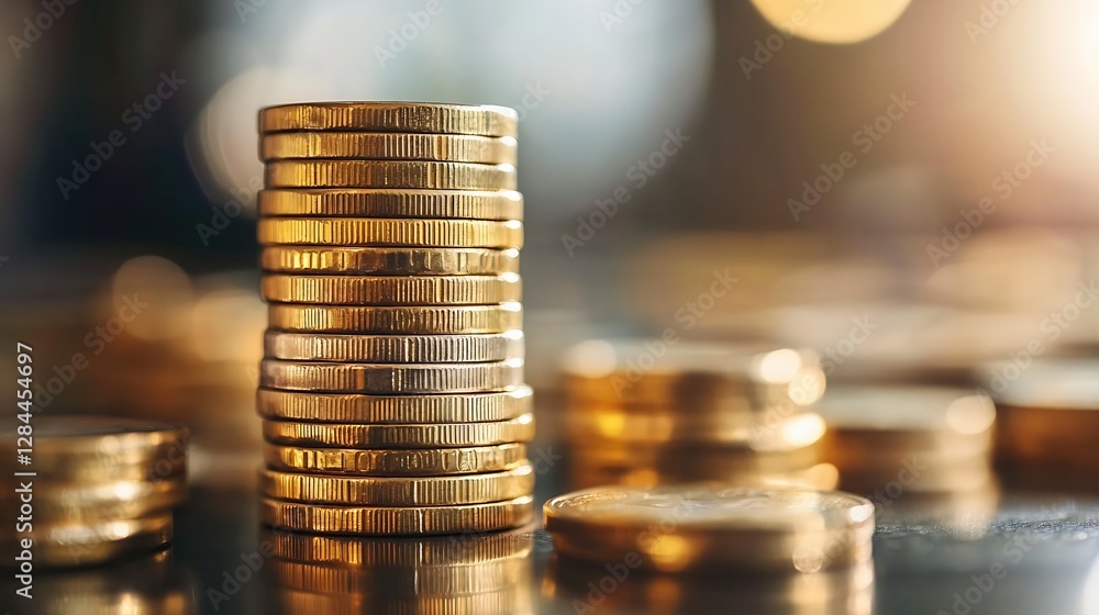 Poster stack of shiny golden coins reflecting light creating an impressive financial image : generative ai