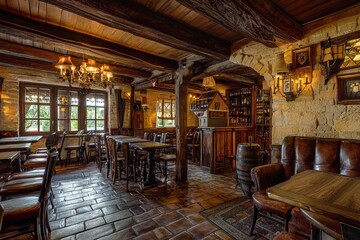 Medieval tavern interior inn and pub for traveling guests