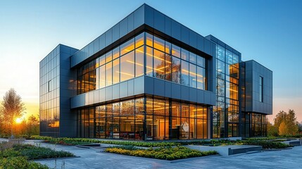 Exterior wall commercial style building with aluminum metal composite panels and glass windows