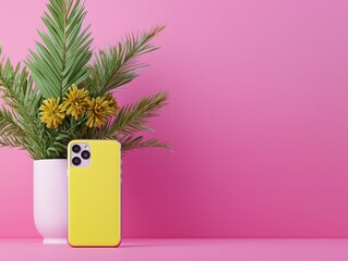 Vibrant Yellow Smartphone Placed Next to a Beautiful Green Plant in a White Vase on Pink Background